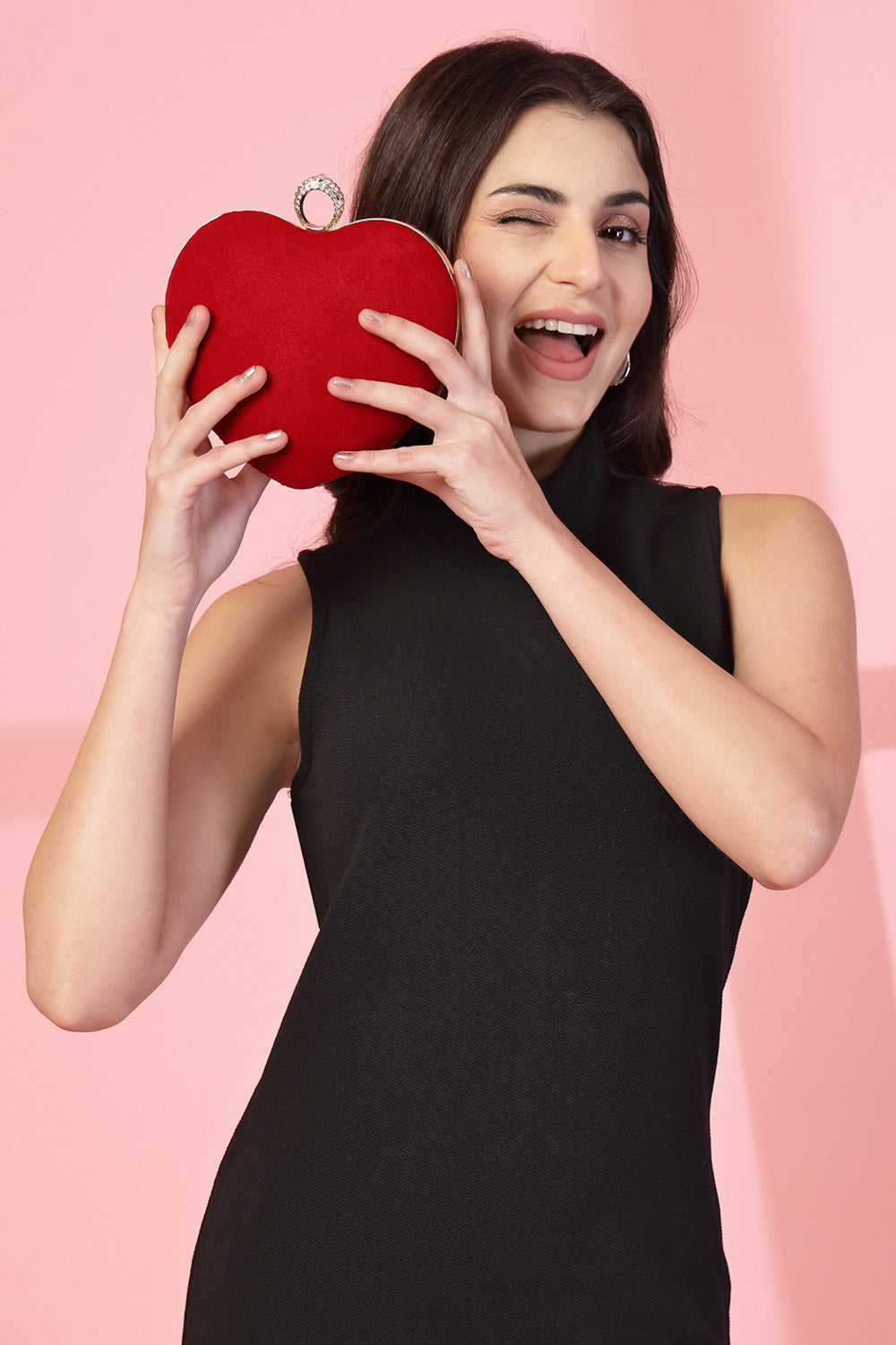 Red Heart Shaped Solid Velvet Clutch