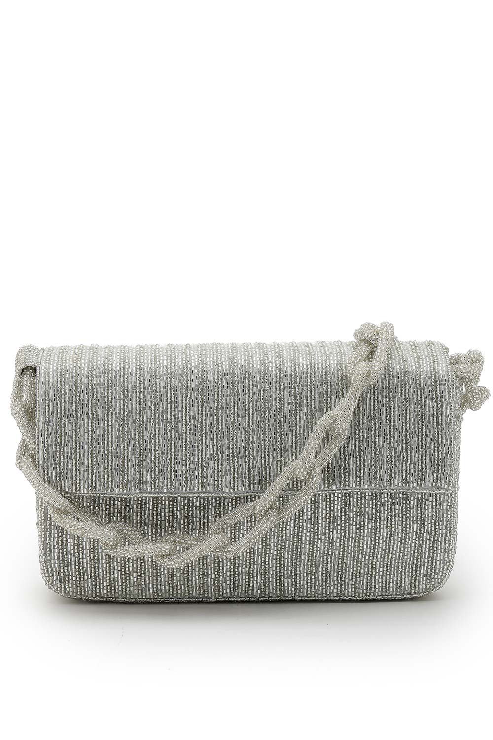 Coffer Silver Striped Embellished Faux Silk Clutch