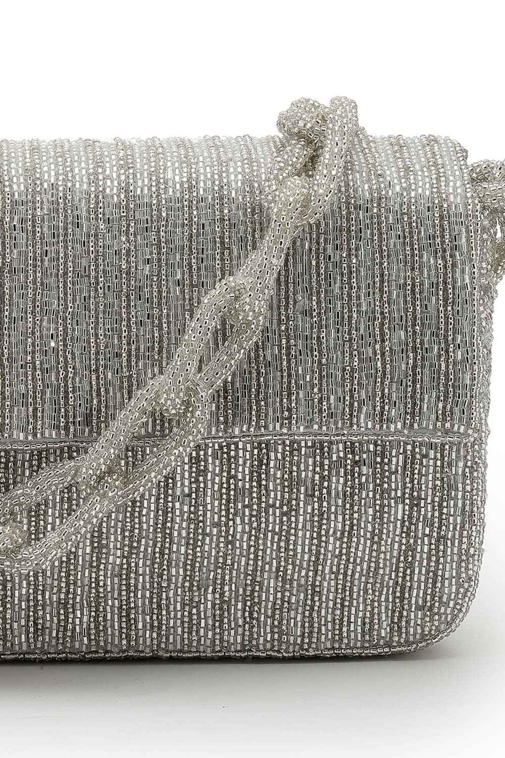 Coffer Silver Striped Embellished Faux Silk Clutch