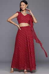 Maroon Poly Georgette Printed Flared V-Neck Lehenga Choli