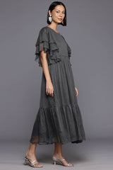 Grey Polyester Printed Straight V-Neck Dresses