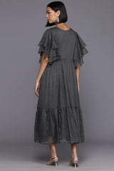 Grey Polyester Printed Straight V-Neck Dresses