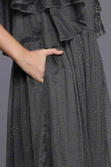 Grey Polyester Printed Straight V-Neck Dresses