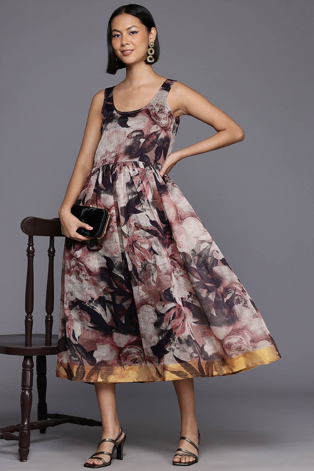 Brown Polyester Printed Straight Boat Neck Dresses