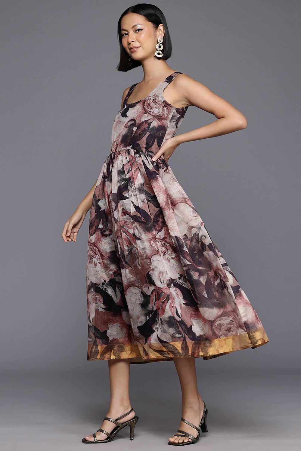 Brown Polyester Printed Straight Boat Neck Dresses