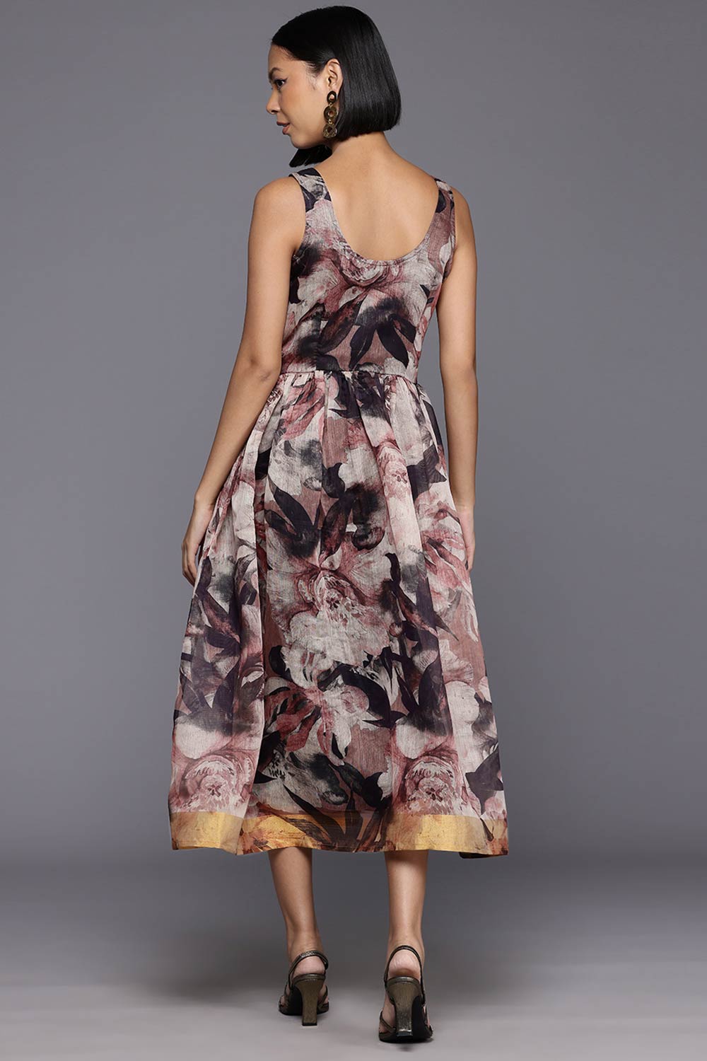 Brown Polyester Printed Straight Boat Neck Dresses