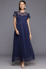 Navy Blue Polyester Printed Straight Keyhole Neck Dresses