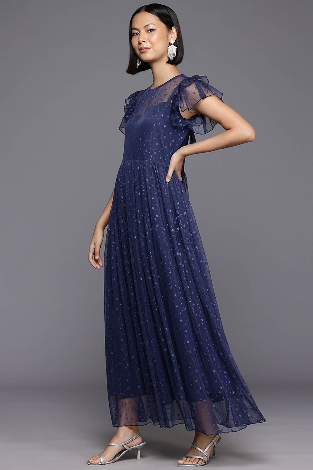 Navy Blue Polyester Printed Straight Keyhole Neck Dresses