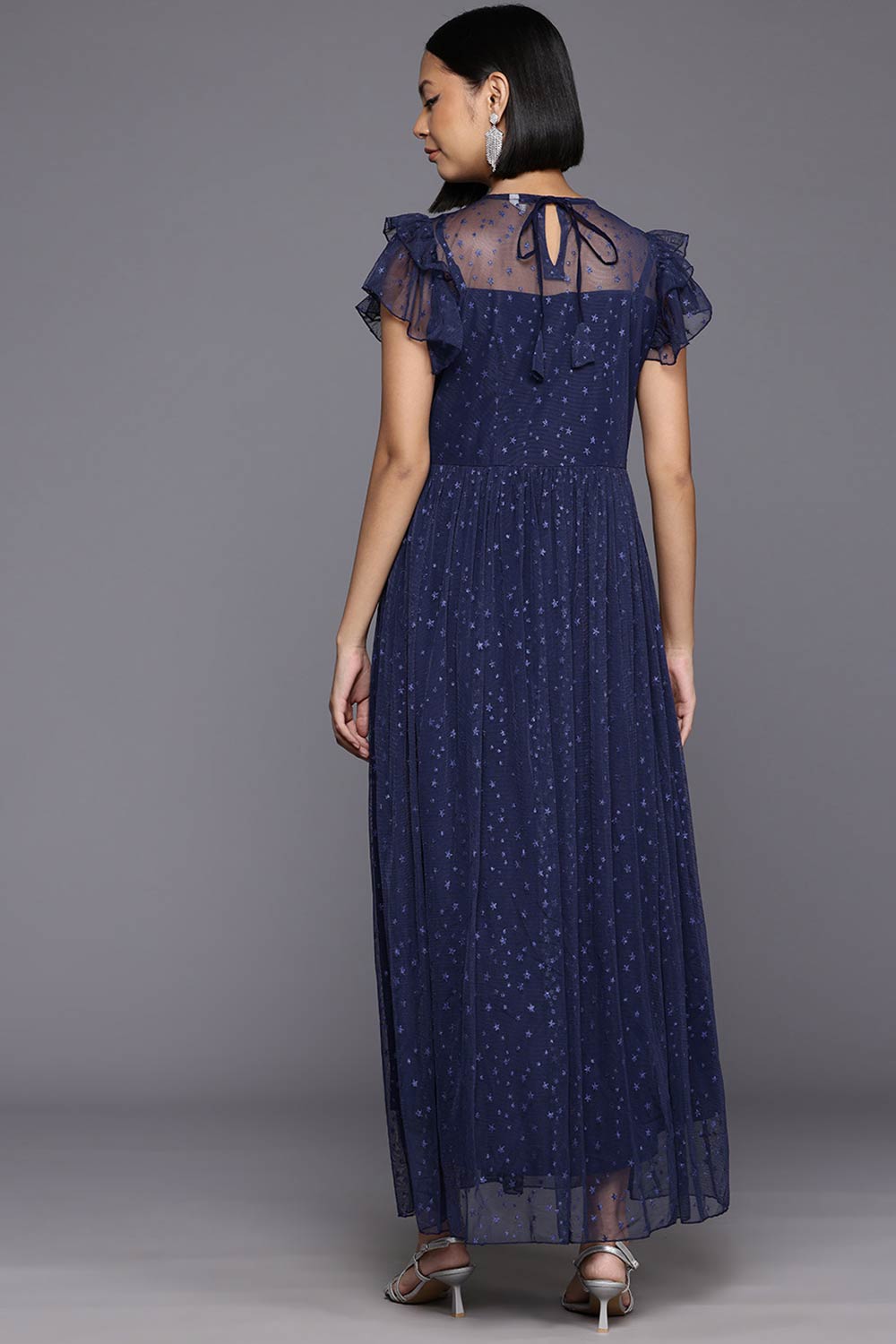 Navy Blue Polyester Printed Straight Keyhole Neck Dresses