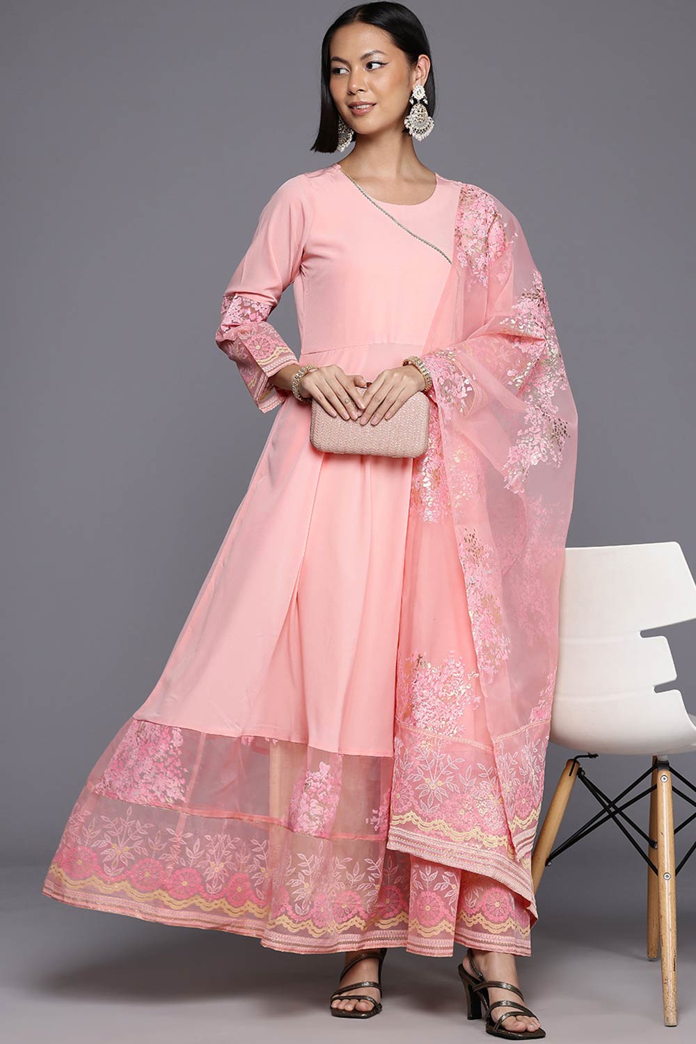 Pastel Pink Polyester Printed Flared Round Neck Dresses