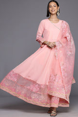 Pastel Pink Polyester Printed Flared Round Neck Dresses