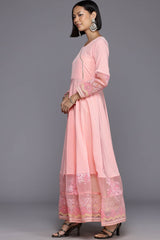 Pastel Pink Polyester Printed Flared Round Neck Dresses