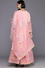 Pastel Pink Polyester Printed Flared Round Neck Dresses