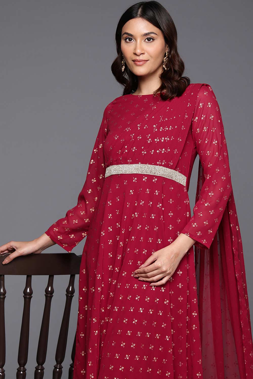 Maroon Georgette Printed Dress