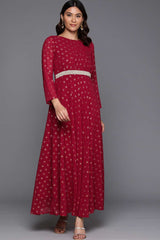 Maroon Georgette Printed Dress