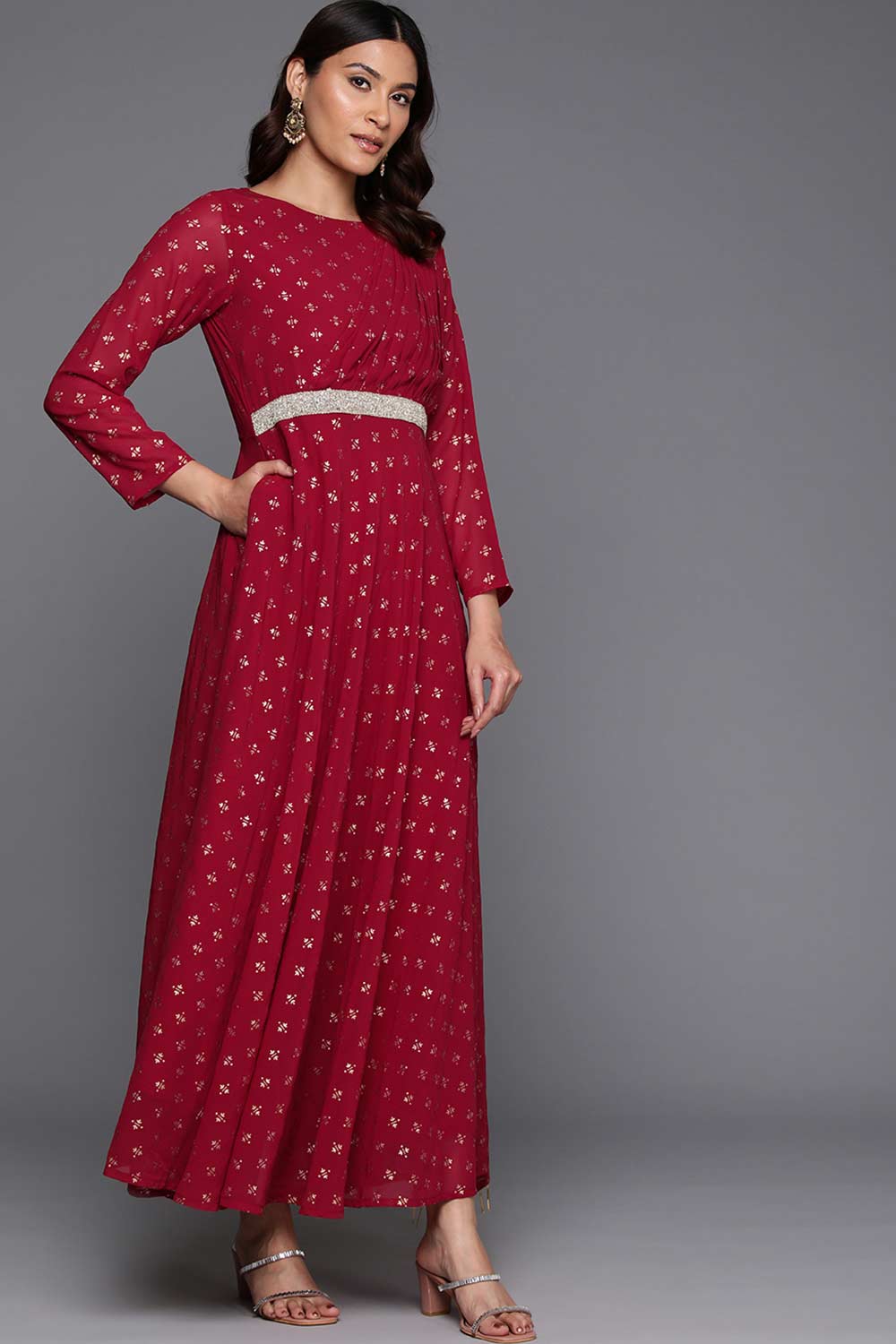 Maroon Georgette Printed Dress