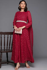 Maroon Georgette Printed Dress