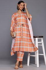 Orange Poly Crepe Printed Kaftan V-Neck Kurta Set