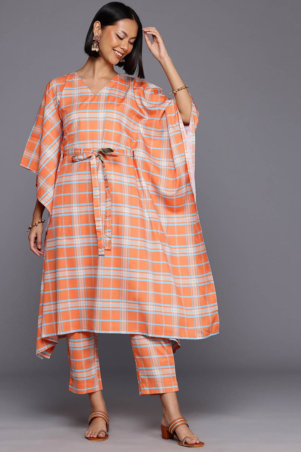 Orange Poly Crepe Printed Kaftan V-Neck KurtI Set