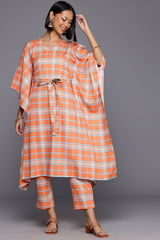 Orange Poly Crepe Printed Kaftan V-Neck Kurta Set