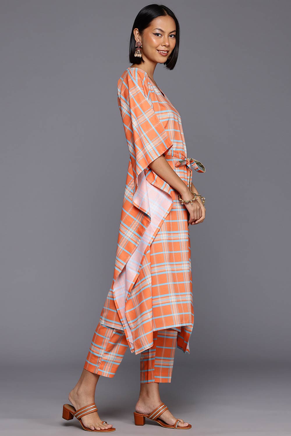 Orange Poly Crepe Printed Kaftan V-Neck Kurta Set