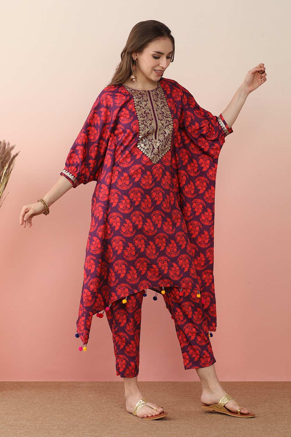 Purple Poly Crepe Printed Kurti Set