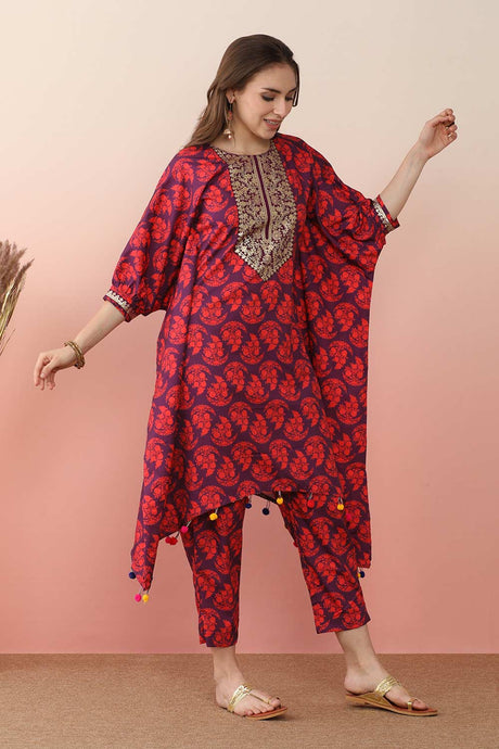 Purple Poly Crepe Printed Kurta Set