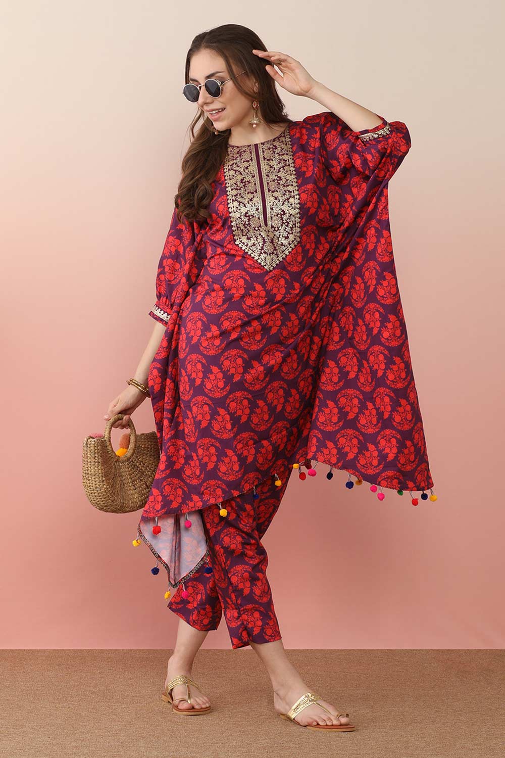 Purple Poly Crepe Printed Kurti Set