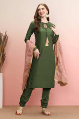 Olive Silk Blend Solid Kurta Set