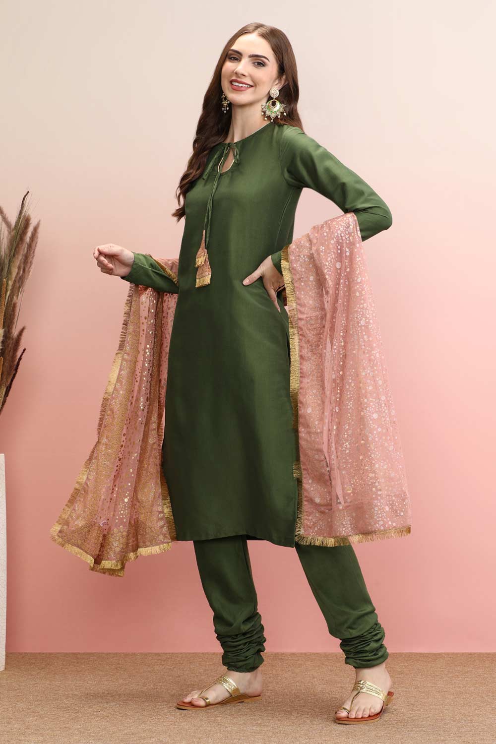 Olive Silk Blend Solid Kurta Set