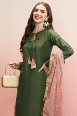 Olive Silk Blend Solid Kurta Set