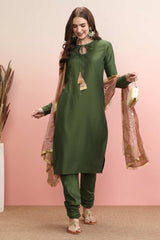 Olive Silk Blend Solid Kurta Set