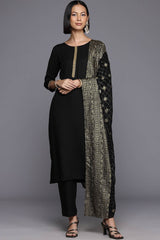 Black Viscose Rayon Solid Straight Round Neck Kurta Set