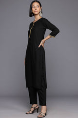 Black Viscose Rayon Solid Straight Round Neck Kurta Set