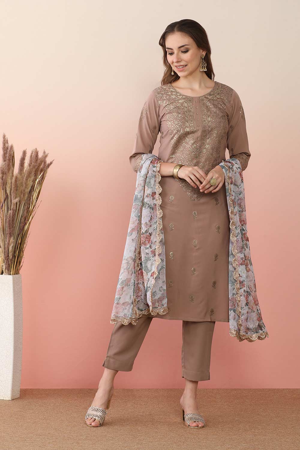 Chocolate Brown Poly Crepe Printed Kurti Set