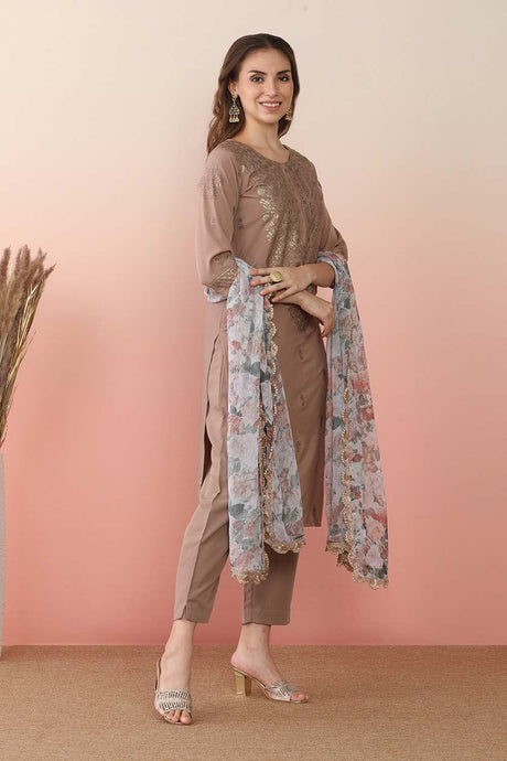 Chocolate Brown Poly Crepe Printed Kurti Set