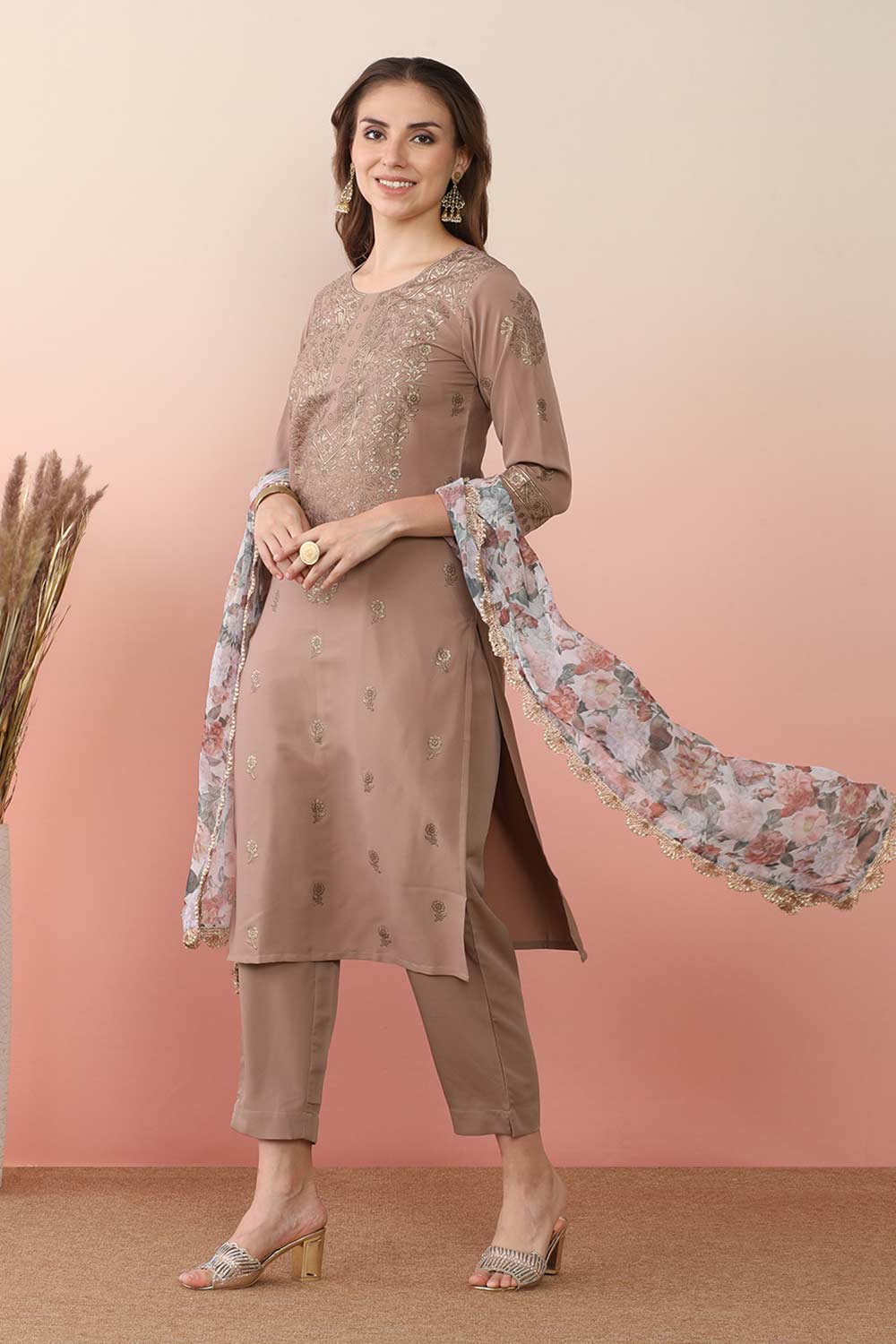 Chocolate Brown Poly Crepe Printed Kurti Set