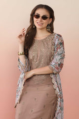 Chocolate Brown Poly Crepe Printed Kurti Set