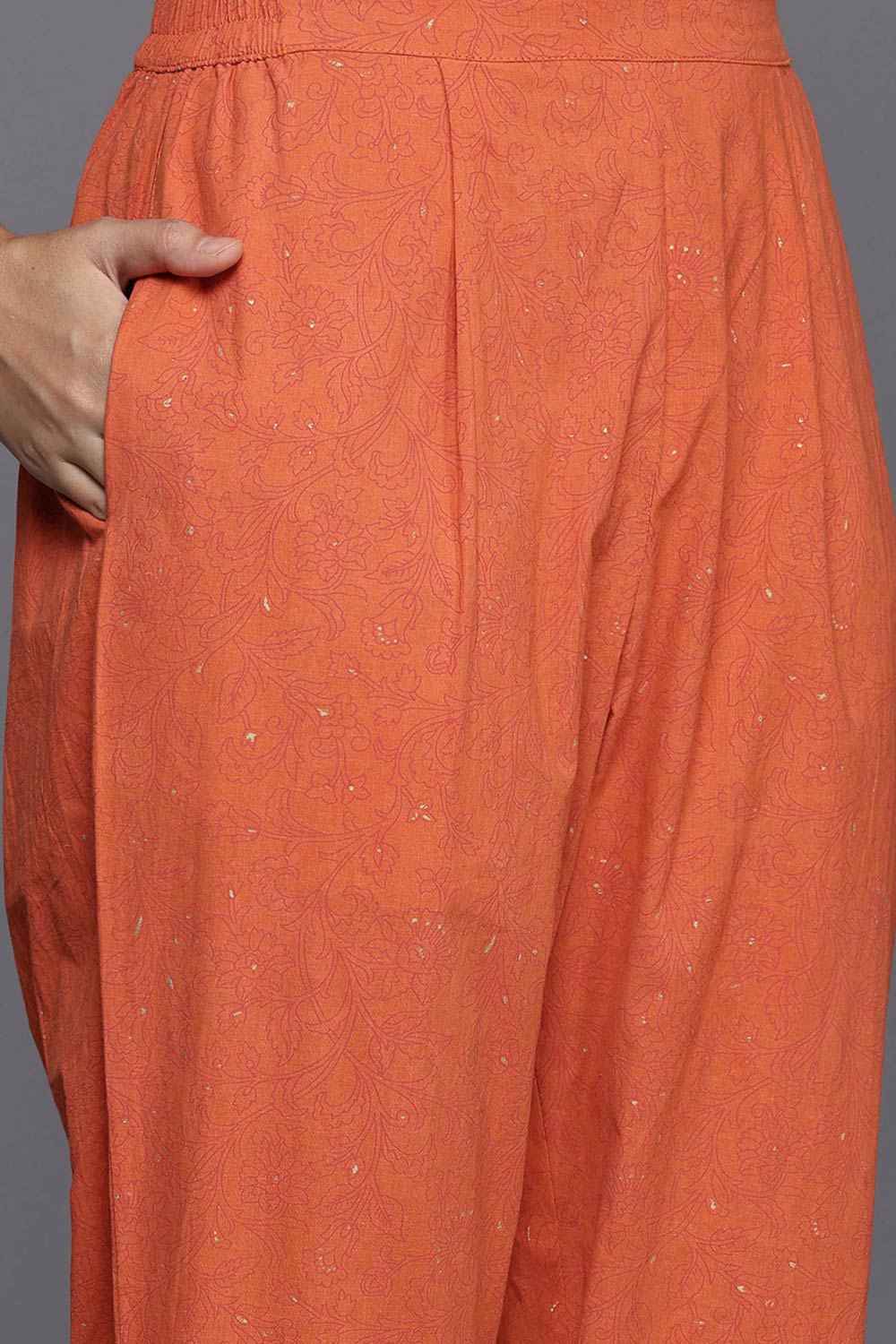 Orange Pure Cotton Printed Straight Round Neck KurtI Set