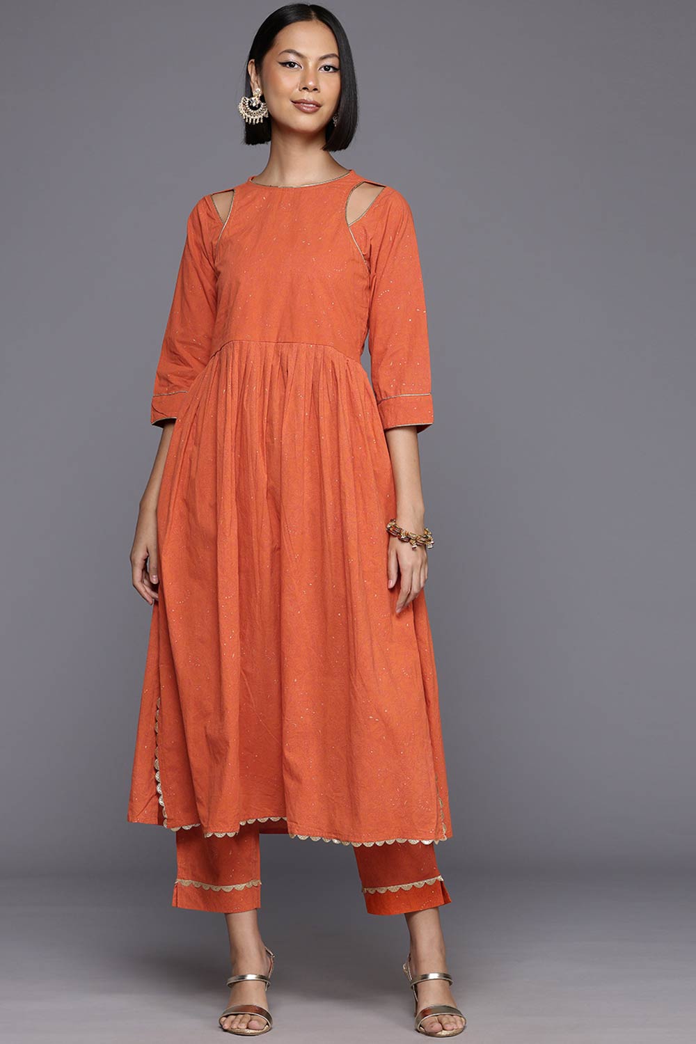 Orange Pure Cotton Printed Straight Round Neck Kurta Set