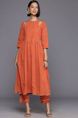 Orange Pure Cotton Printed Straight Round Neck KurtI Set