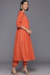 Orange Pure Cotton Printed Straight Round Neck Kurta Set