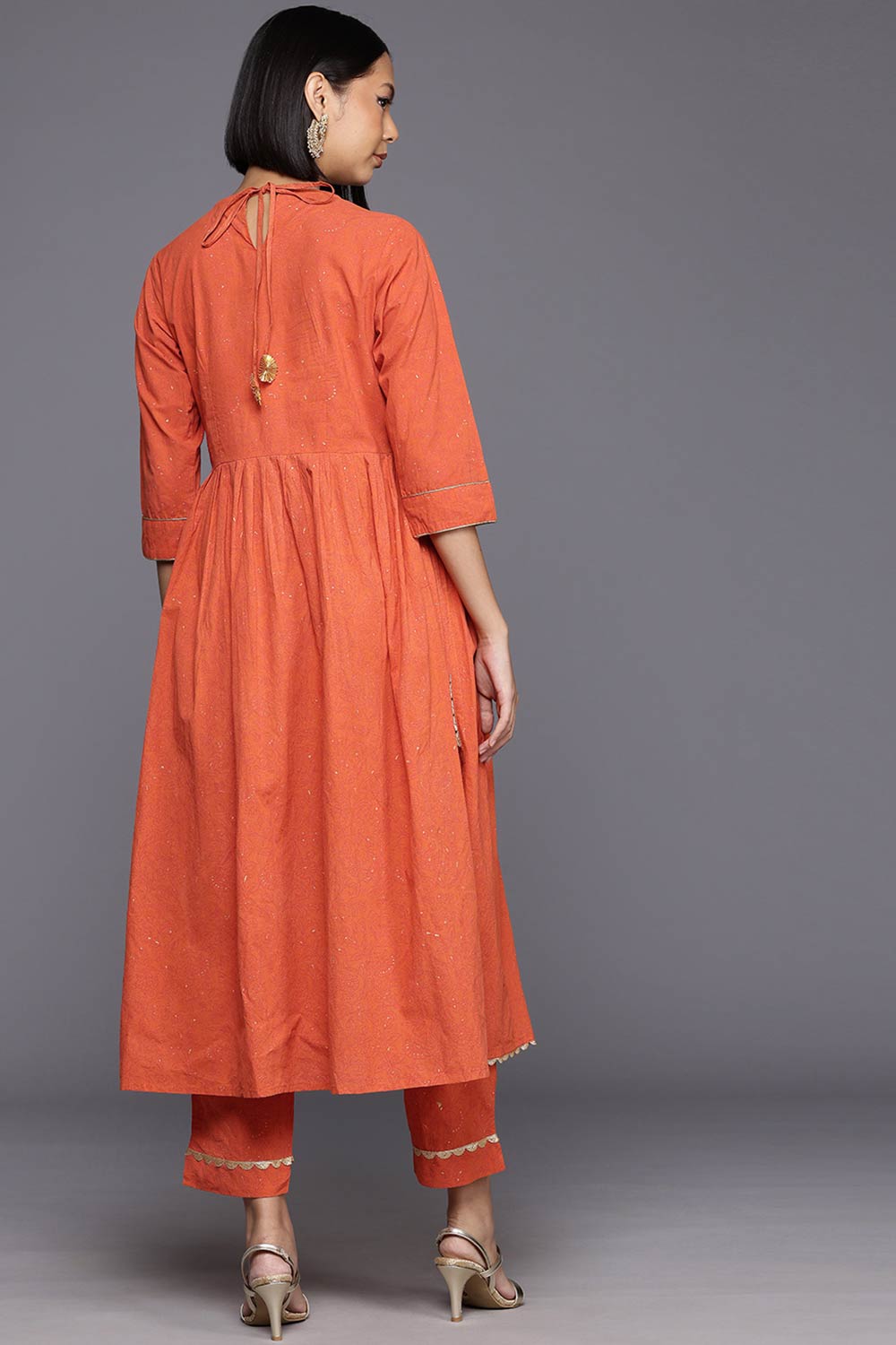 Orange Pure Cotton Printed Straight Round Neck KurtI Set