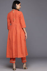 Orange Pure Cotton Printed Straight Round Neck Kurta Set