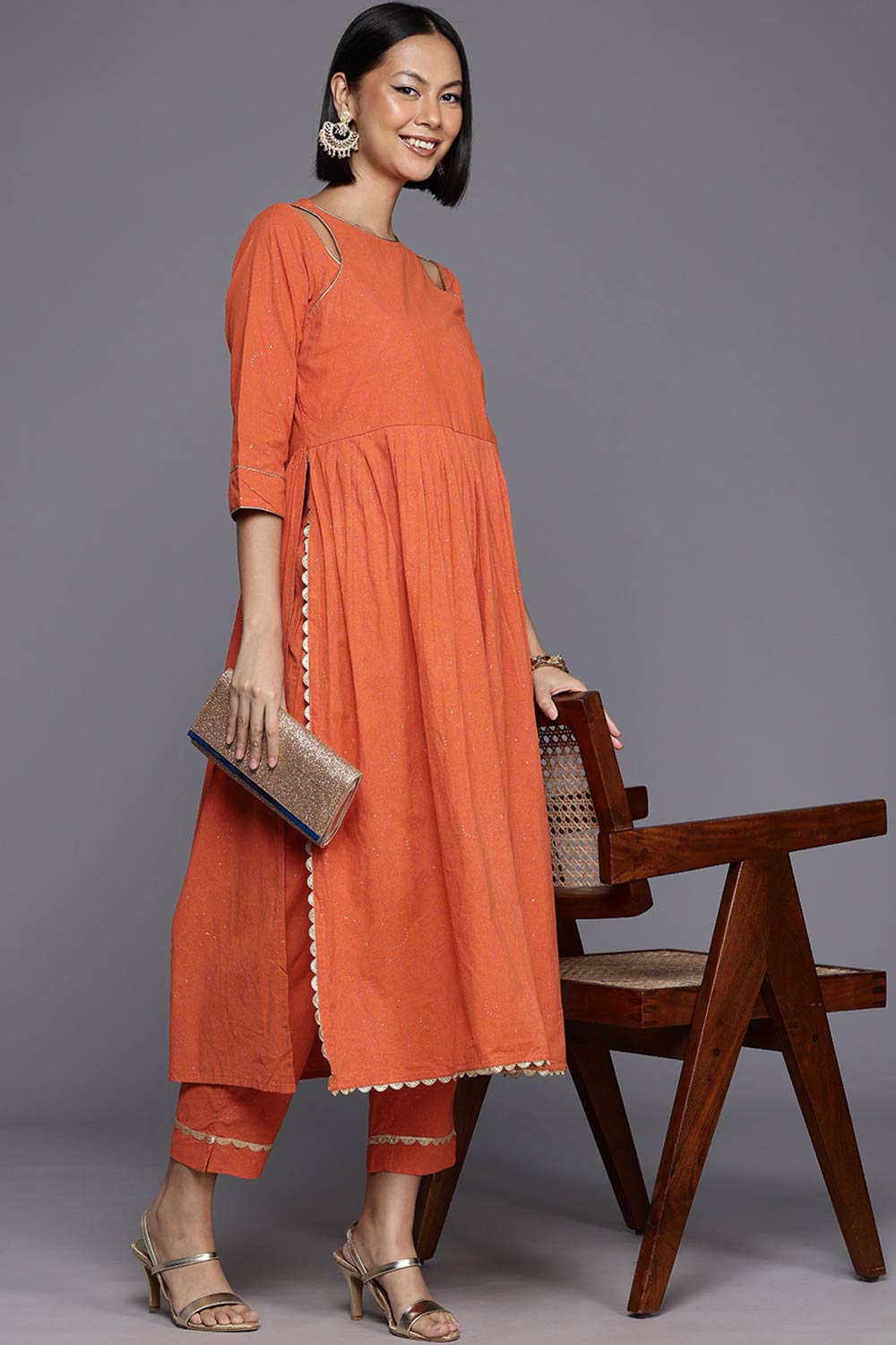 Orange Pure Cotton Printed Straight Round Neck Kurta Set