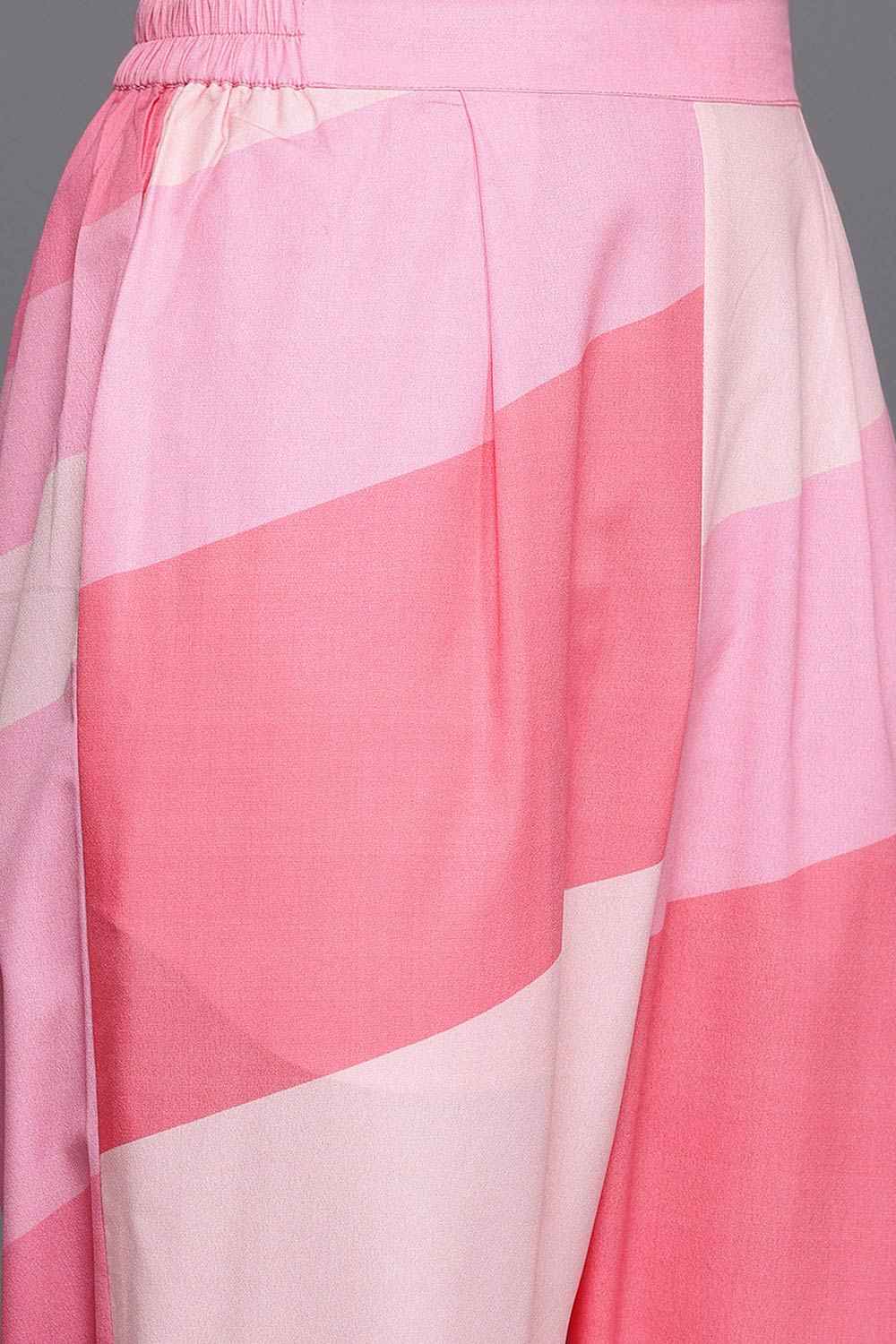 Pink Poly Crepe Printed Straight Round Neck KurtI Set