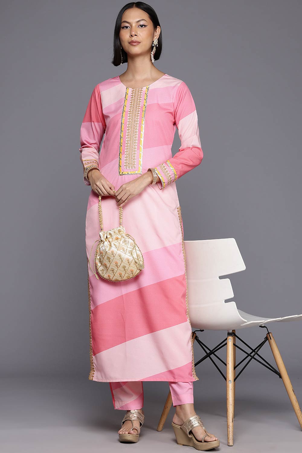 Pink Poly Crepe Printed Straight Round Neck KurtI Set