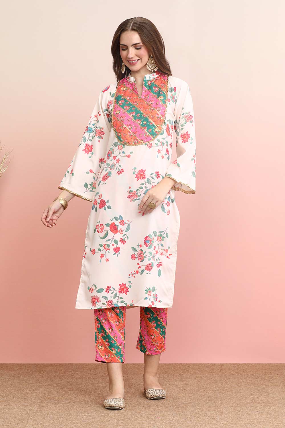 Off White Poly Crepe Printed Kurta Set