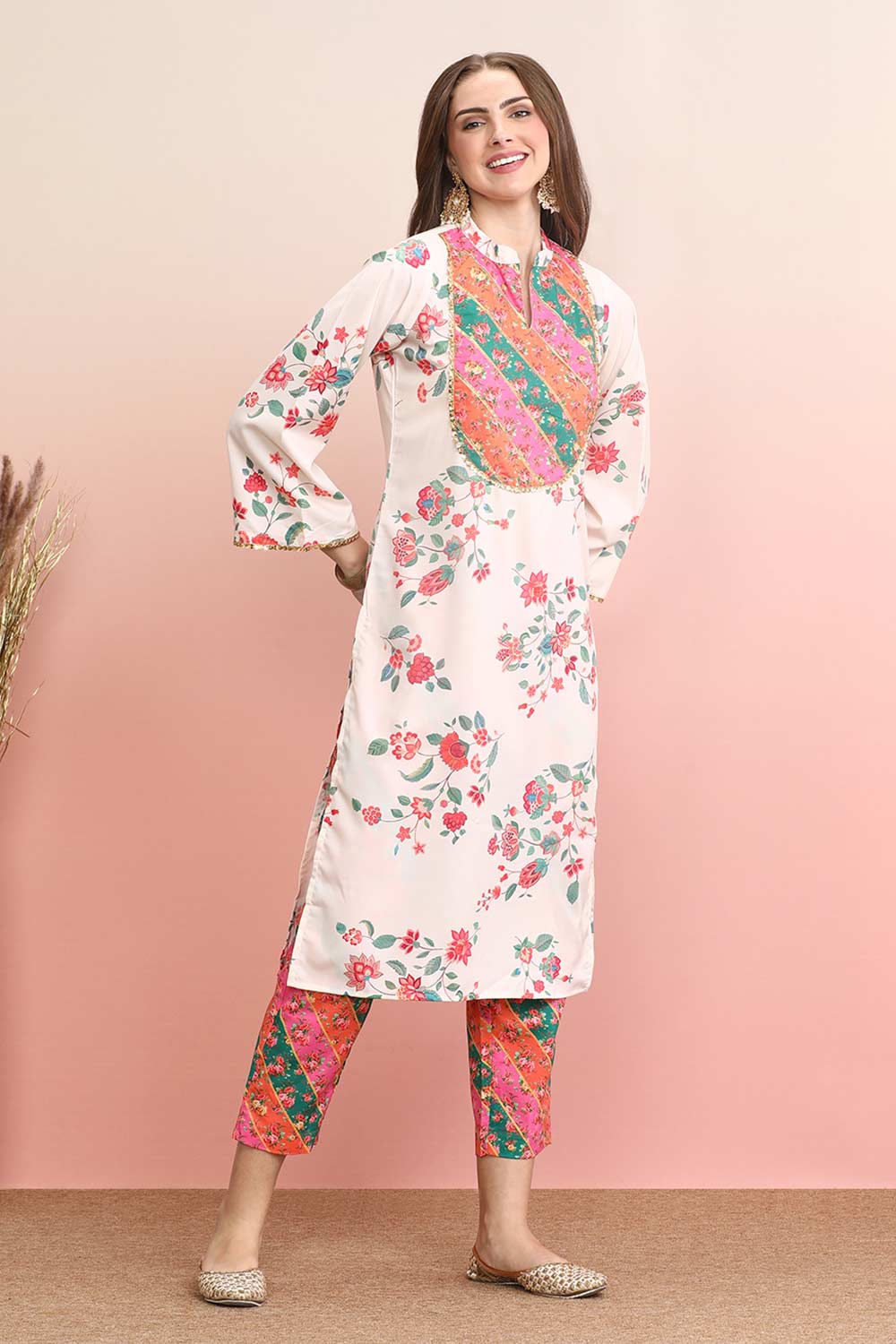 Off White Poly Crepe Printed Kurta Set