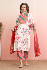 Off White Poly Crepe Printed Kurta Set